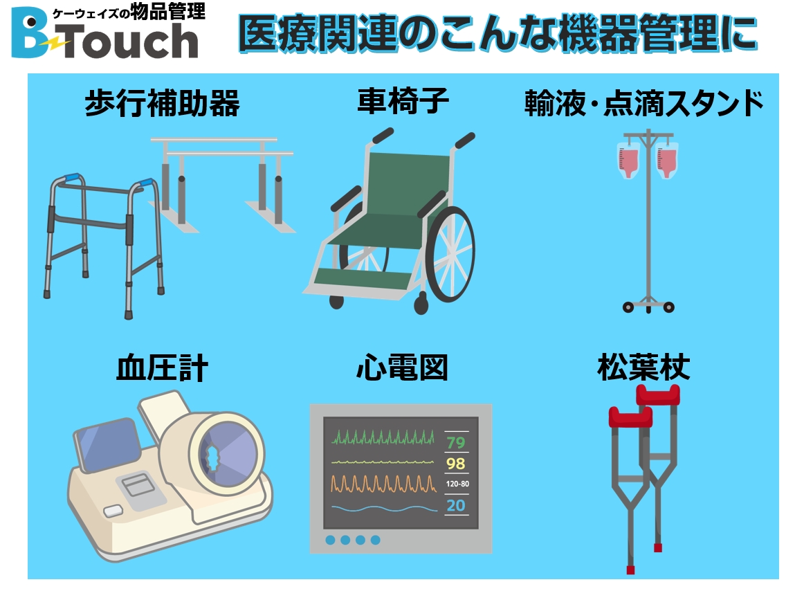 車椅子、心電図、血圧計、点滴スタンドなど医療機器の所在管理を実現